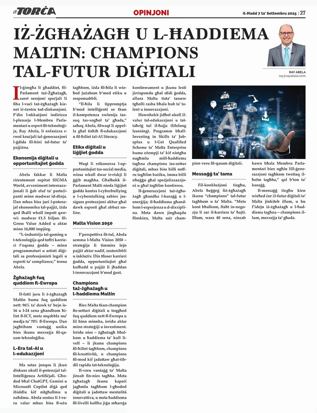 Ray Abela — article excerpt, it-Torċa, September 7, 2025